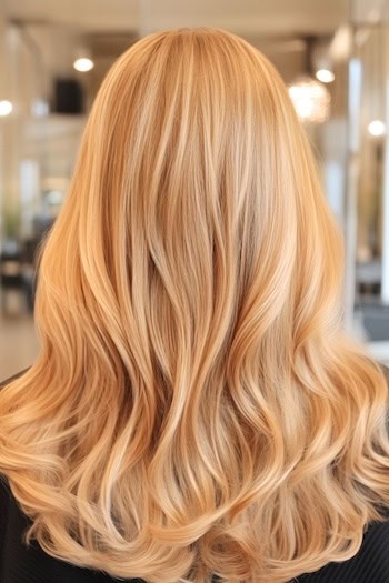 Light Strawberry Blonde Waves Hairstyle on a woman with blonde hair in a hair salon, back view.