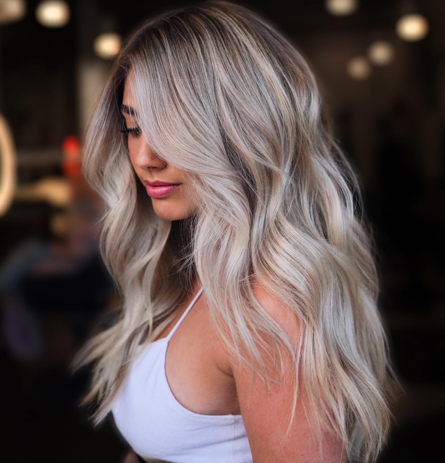 Long Ash Blonde Hair Color with Dark Roots