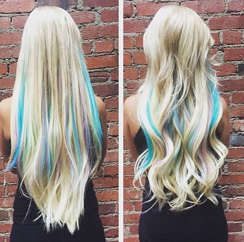 long blonde hair with blue and lavender highlights