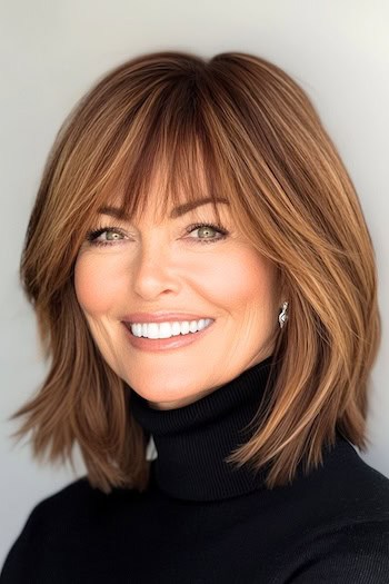 Long Bob with Bangs Haircut on a smiling woman with highlighted brown hair.