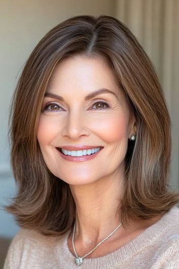 Long Bob with Flipped Ends Haircut on a smiling woman with brown hair.