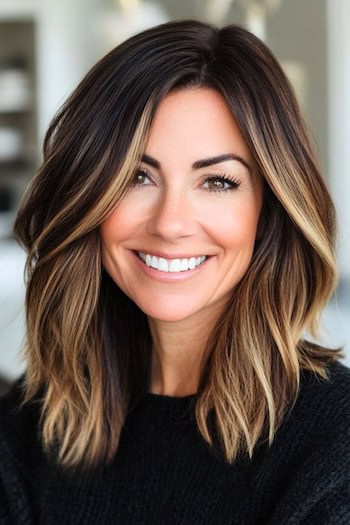 Long Bob with Highlights and Subtle Layers Haircut on a smiling woman with brown hair and blonde highlights.