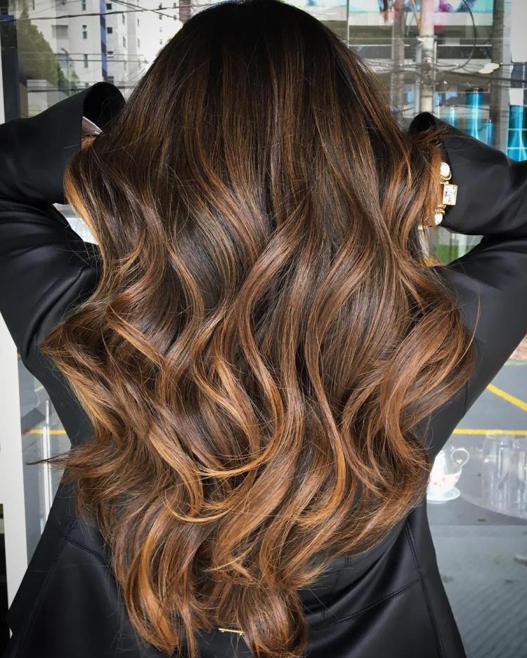 Long Caramel Balayage for Brunettes