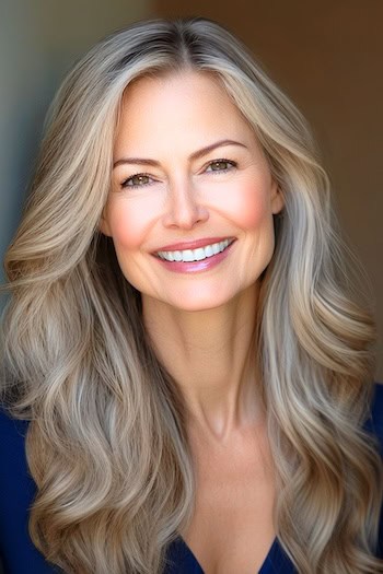 Long Dirty Blonde Waves Hairstyle on a smiling woman with blonde hair.