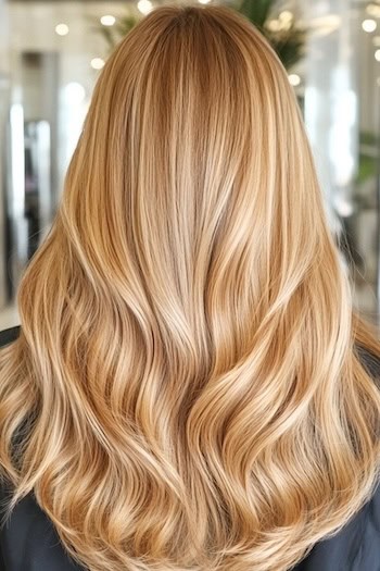 Long Honey Blonde Waves Hairstyle on a woman with blonde hair in a hair salon, back view.