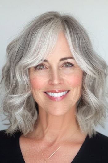 Long Silver Wavy Bob Haircut on a smiling woman with gray hair.