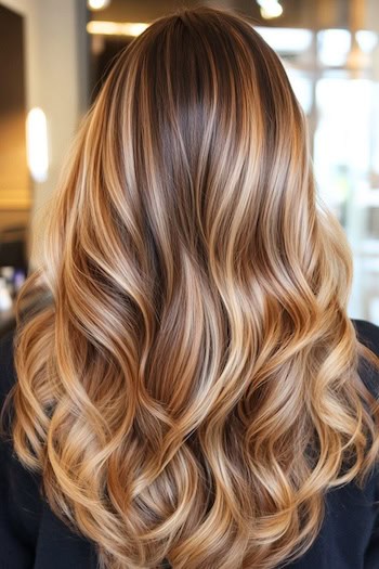 Loose Bronde Waves Hairstyle on a woman with blonde hair in a hair salon, back view.