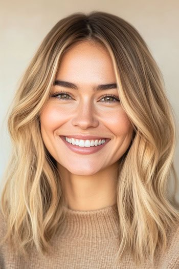 Medium-Length Honey Blonde Loose Waves Hairstyle on a smiling woman with blonde hair.