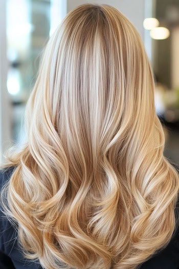 Multi-Dimensional Blonde Waves Hairstyle on a woman with blonde hair in a hair salon, back view.