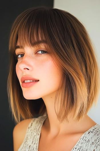 Ombre Long Bob with Bangs Haircut on a smiling woman with brown hair and blonde ombre tips.