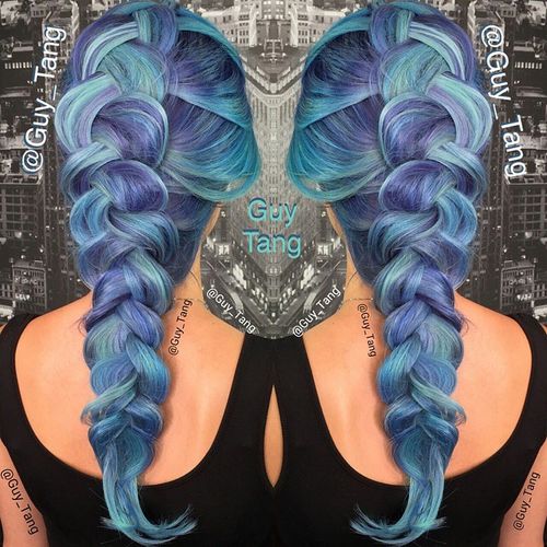 pastel blue hair with purple highlights