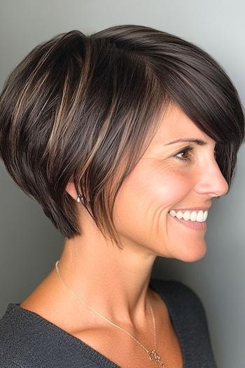 Pixie Bob with Side-Swept Bangs Haircut on a smiling woman with brown hair, side view.