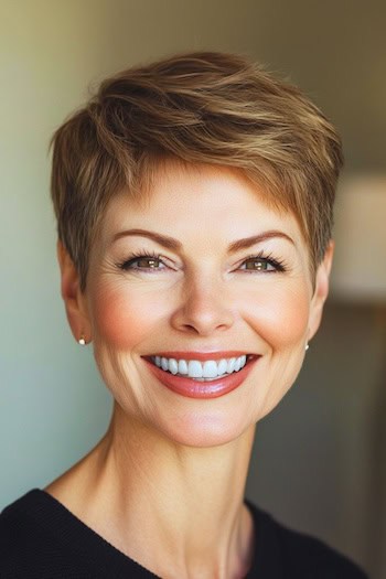 Pixie Boy Cut with Textured Layers on a smiling woman with brown hair.