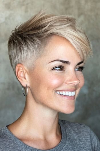 Pixie with Undercut Haircut on a smiling woman with blonde hair, side view.