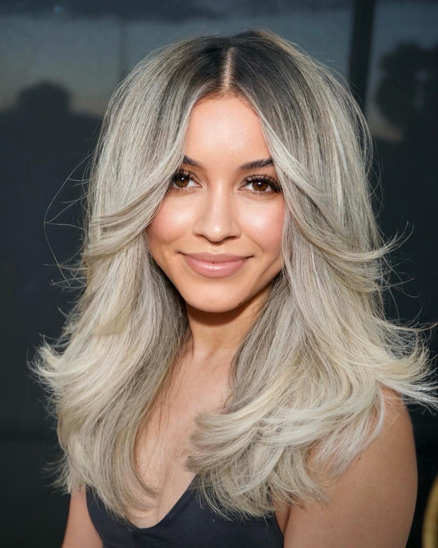 Platinum Blonde with Darker Roots on Medium Length Hair