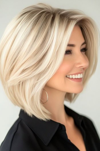 Platinum Layered Long Bob Haircut on a smiling woman with blonde hair, side view.