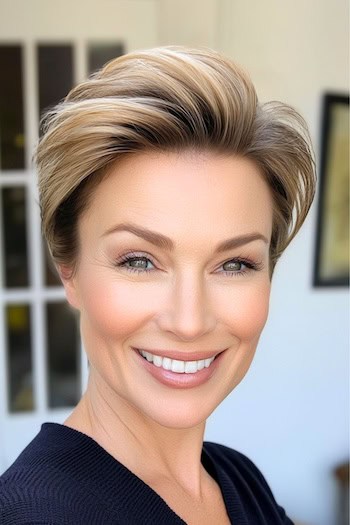 Pompadour Pixie Haircut on a smiling woman with brown hair and blonde highlights.