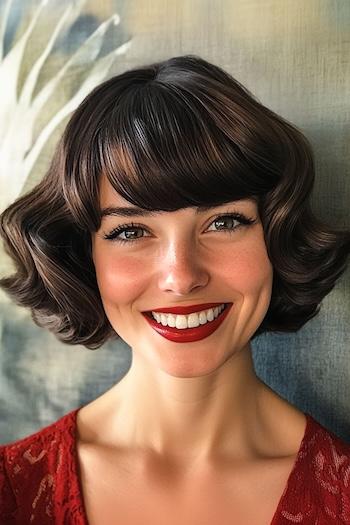 Retro Bob with Curved Bangs Haircut on a smiling woman with brown hair.