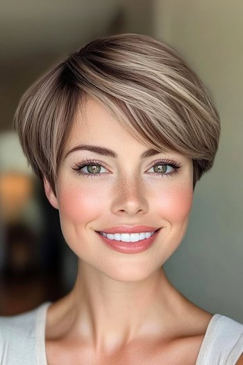 Rounded Pixie Haircut on a smiling woman with brown hair and light highlights.