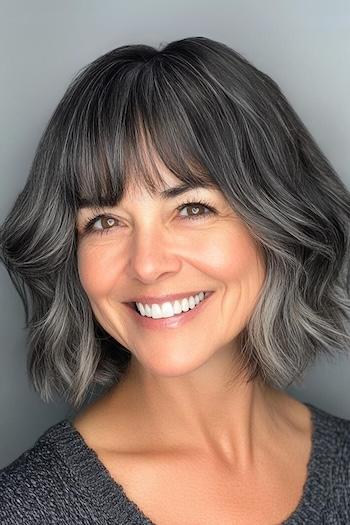 Salt and Pepper Wavy Bob with Bangs Haircut on a smiling woman with salt and pepper hair color.