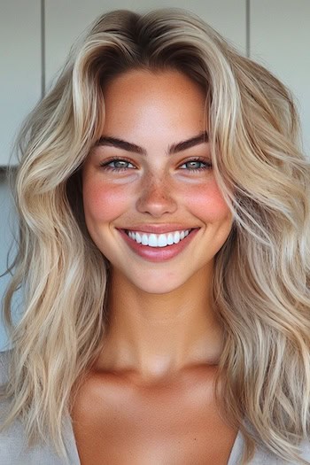 Sandy Beige Blonde Waves with Highlights Hairstyle on a smiling woman with blonde hair.