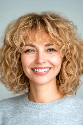 Shaggy Long Curly Bob with Bangs Haircut on a smiling woman with honey blonde hair.