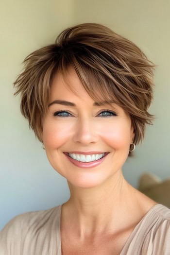 Shaggy Pixie Haircut on a smiling woman with brown hair.