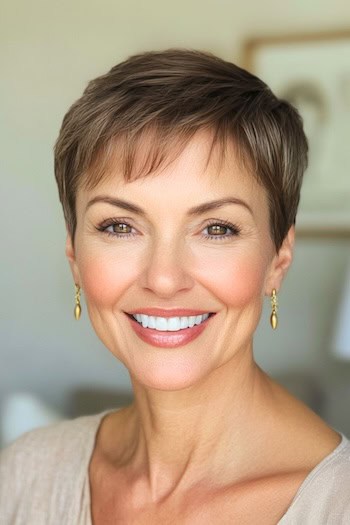 Short Pixie with Baby Bangs Haircut on a smiling older woman with brown hair.