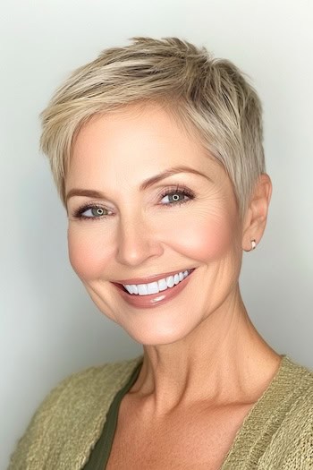 Short Sandy Blonde Pixie Cut Hairstyle on a smiling older woman with blonde hair.