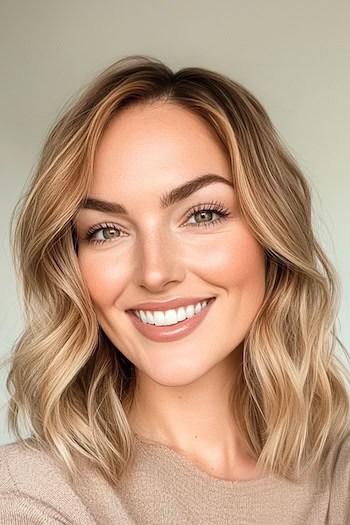 Shoulder-Length Honey Blonde Waves Hairstyle on a smiling woman with blonde hair.