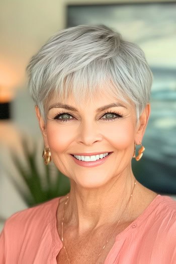 Silver Pixie with Feathered Layers and Wispy Bangs Haircut on a smiling older woman with gray hair.