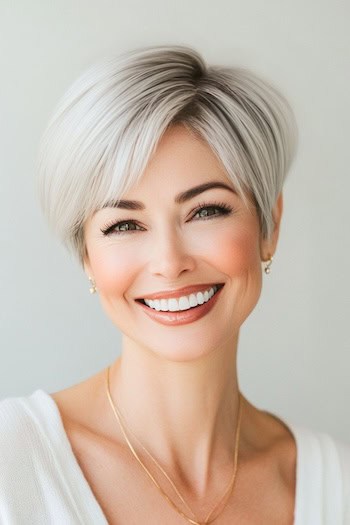 Silver Pixie with Root Lift Haircut on a smiling woman with gray hair.