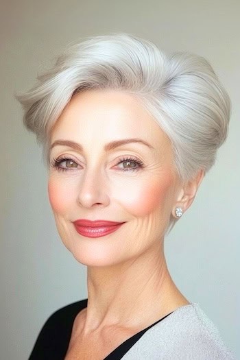 Silver Pixie with Swept-Back Layers Haircut on a smiling older woman with gray hair.