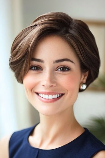 Sleek Pixie Bob Haircut on a smiling woman with brown hair.