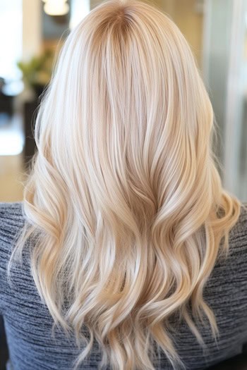 Soft Vanilla Waves Hairstyle on a woman with blonde hair in a hair salon, back view.