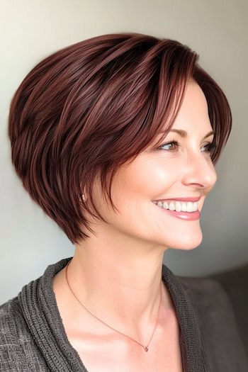 Stacked Layered Mahogany Pixie Bob Haircut on a smiling woman with mahogany brown hair, side view.