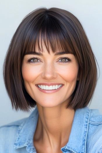 Straight Bob with Bangs Haircut on a smiling woman with brown hair.