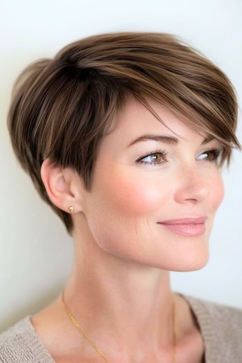 Straight Pixie with Long Side-Swept Bangs Haircut on a woman with brown hair.