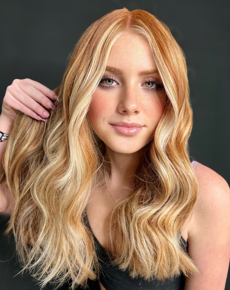 Strawberry Blonde Balayage for Medium Skin and Green Eyes