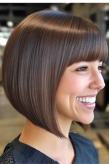 Tapered Bob with Full Bangs Haircut on a smiling woman with brown hair, side view.