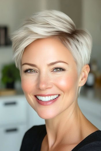 Textured Platinum Pixie with Tapered Sides Haircut on a smiling woman with platinum blonde hair and dark roots.