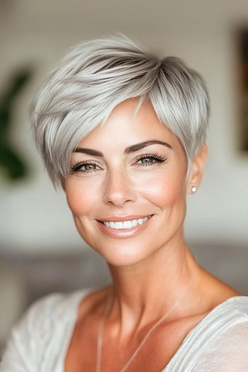 Textured Silver Pixie with Tapered Layers Haircut on a smiling woman with silver hair.