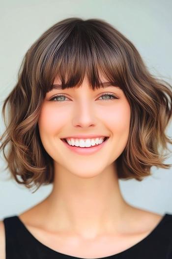 Textured Wavy Bob with Bangs Haircut on a smiling woman with brown hair.