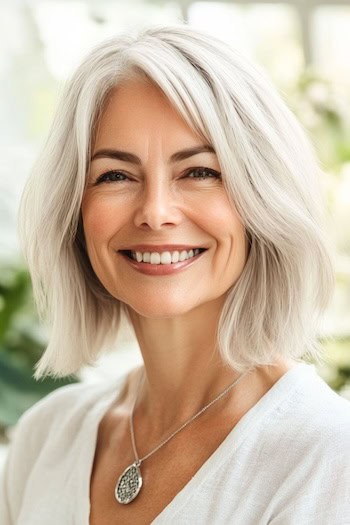 Textured Wavy Long Bob Haircut on a smiling woman with white-gray hair.