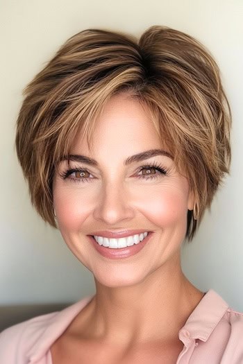 Tousled Layered Pixie with Highlights Haircut on a smiling woman with brown hair and blonde highlights.