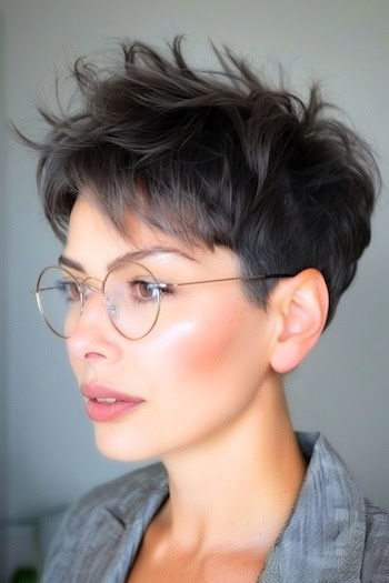 Tousled Pixie with Tapered Sides Haircut on a woman with brown hair, side view.