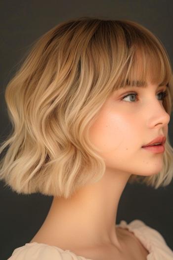 Tousled Wavy Blunt Bob with Bangs Haircut on a woman with brown and blonde hair.