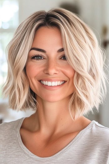 Tousled Wavy Bob with Blunt Ends Haircut on a smiling woman with blonde hair.