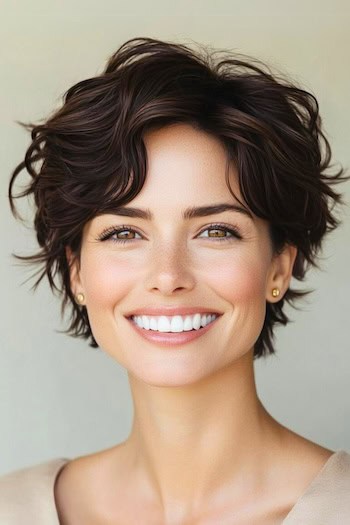 Tousled Wavy Pixie Haircut on a smiling woman with dark brown hair.