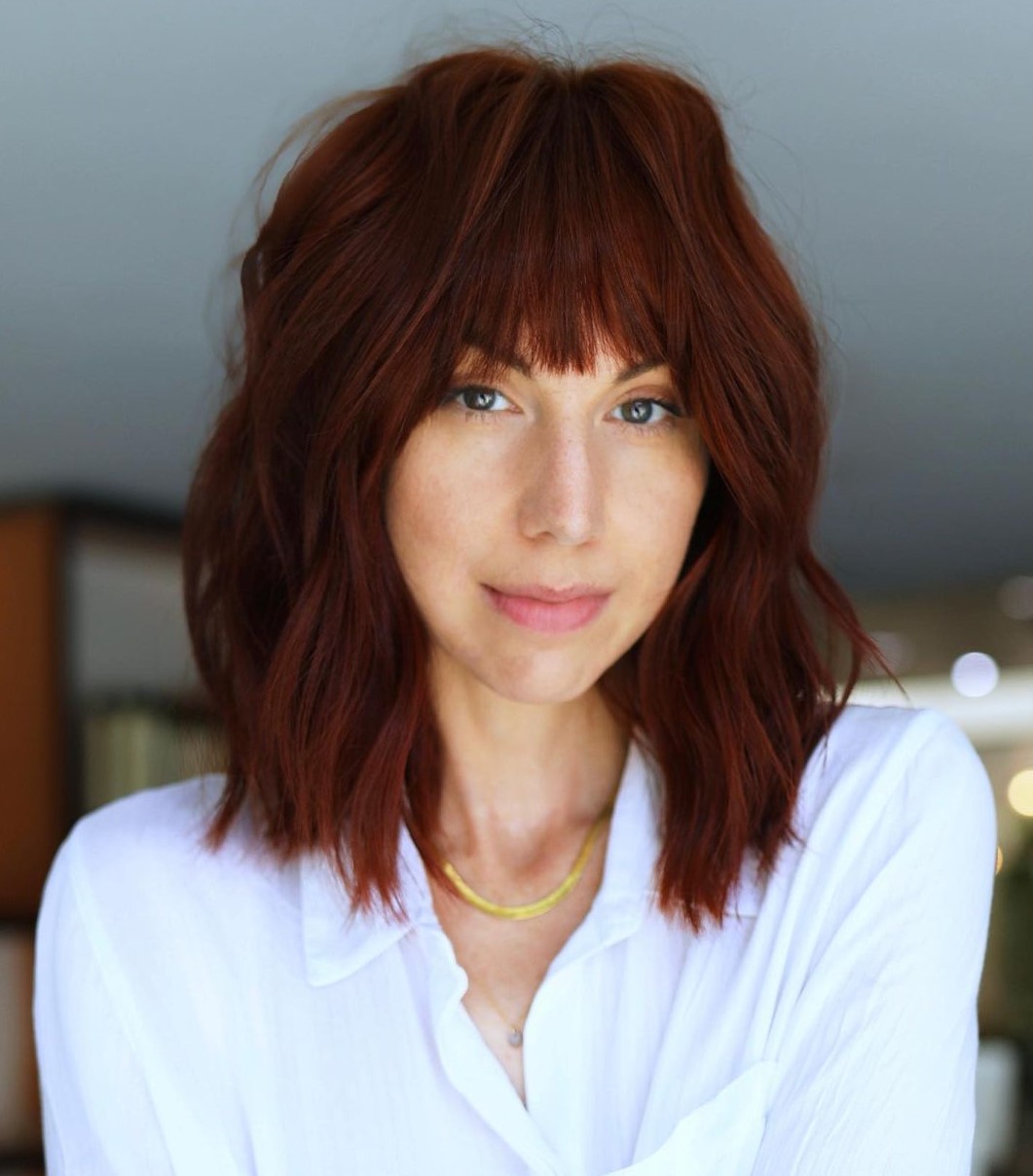 Vibrant Auburn Lob with Bangs